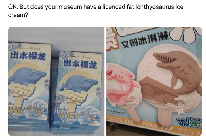 OK. But does your museum have a licenced fat ichthyosaurus ice cream? SHUL FO LONG 出水福龙 CHU SHOE FO LONG 出水福龙 文创冰淇淋 HAMANN Deote D 主文创雪糕 809 双色文创雪糕 -80g- 原创診