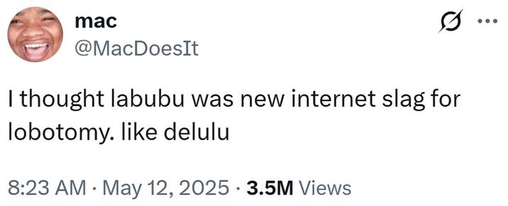mac @MacDoesIt I thought labubu was new internet slag for lobotomy. like delulu 8:23 AM May 12, 2025 3.5M Views •