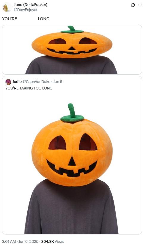 A tweet sharing a photo of a guy with a pumpkin on his head. The tweet is captioned "YOU'RE TAKING TOO LONG," a reference to Deltarune Chapter 4. The quote-tweet is captioned "YOU'RE TOO LONG."