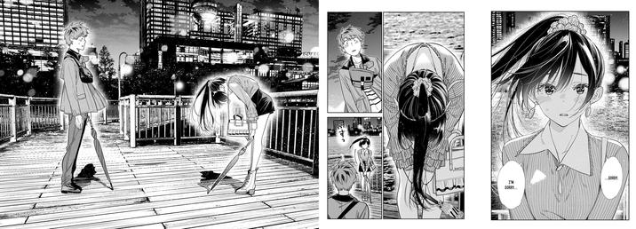 A selection of pages from "Rent-A-Girlfriend" chapter 380. In the pages, Chizuru rejects Kazuya's advance for a relationship.