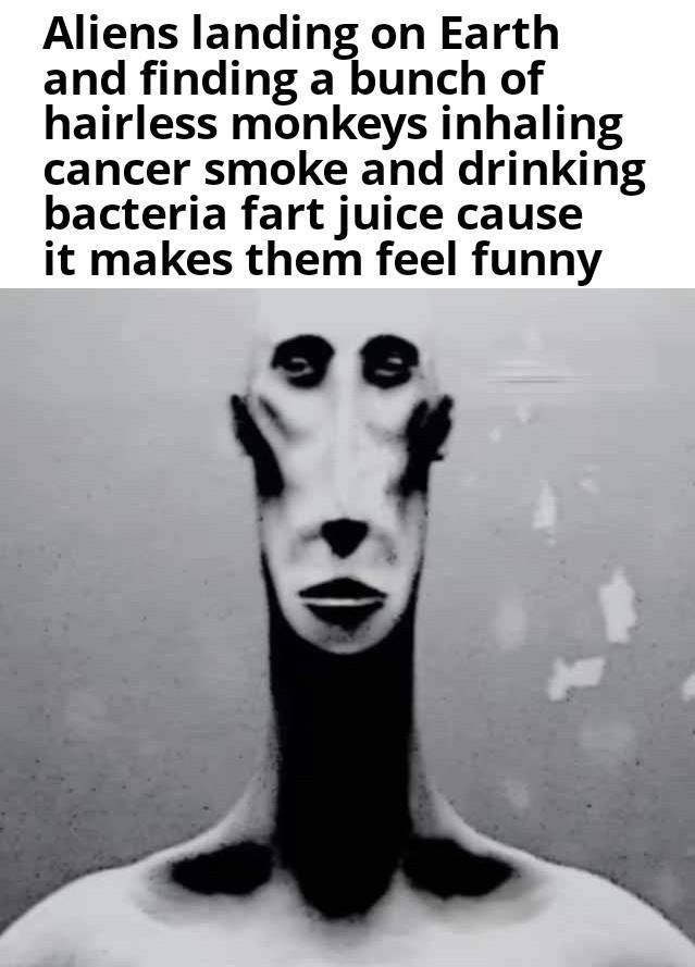 Aliens landing on Earth and finding a bunch of hairless monkeys inhaling cancer smoke and drinking bacteria fart juice cause it makes them feel funny e