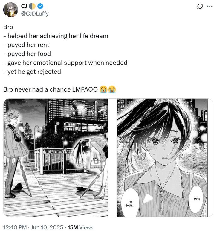 A tweet about chapter 380 of Rent-A-Girlfriend. The post ends, "Bro never had a chance LMFAOO 😭😭."