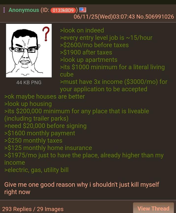 Anonymous (ID: 0133kBD9) 06/11/25(Wed)03:07:43 No.506991026 44 KB PNG ? >look on indeed >every entry level job is ~15/hour >$2600/mo before taxes >$1900 after taxes >look up apartments >its $1000 minimum for a literal living cube >must have 3x income ($3000/mo) for your application to be accepted >ok maybe houses are better >look up housing >its $200,000 minimum for any place that is liveable (including trailer parks) >need $20,000 before signing >$1600 monthly payment >$250 monthly taxes >$125 monthly home insurance >$1975/mo just to have the place, already higher than my income >electric, gas, utility bill Give me one good reason why i shouldn't just kill myself right now 293 Replies / 29 Images View Thread
