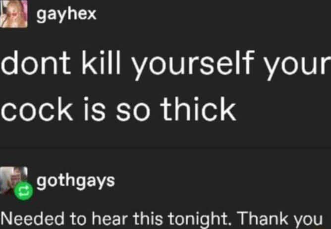 gayhex dont kill yourself your c--- is so thick gothgays Needed to hear this tonight. Thank you