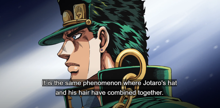 It is the same phenomenon where Jotaro's hat and his hair have combined together.