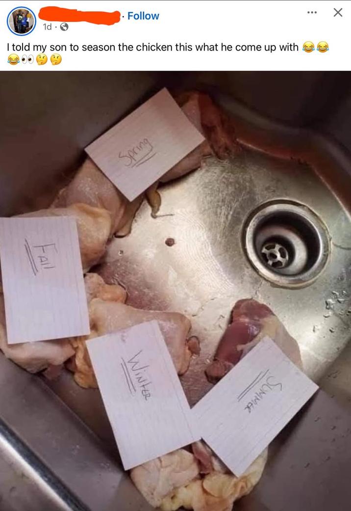 . Follow I told my son to season the chicken this what he come up with 1d Spring FAIL Winter SUMMER