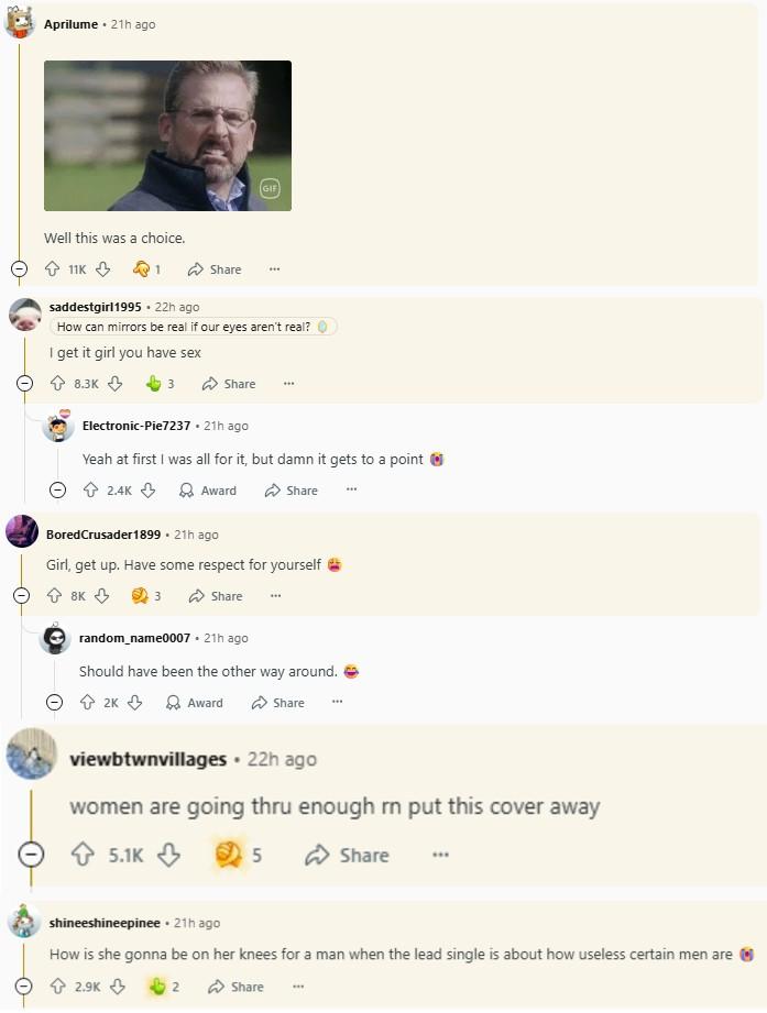 Reddit Comments About Sabrina Carpenter's New Album Cover A collection of comments made to the /r/popculturechat subreddit's post about Sabrina Carpenter's album cover for "Man's Best Friend." The comments are negative.