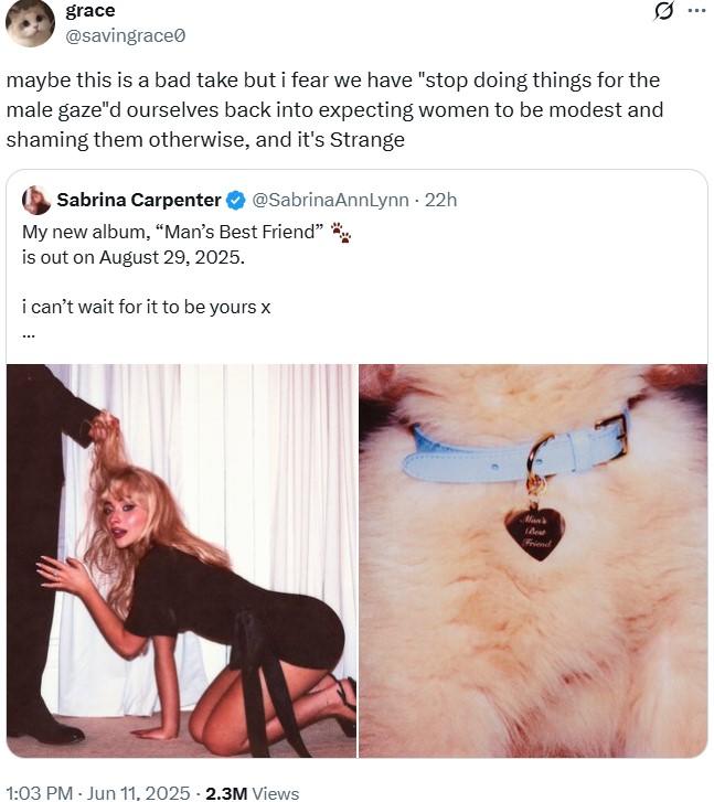 like idk maybe it's not about the male gaze maybe she's just having fun A comment defending Sabrina Carpenter's new album cover. The comment is by X user @savingrace0.