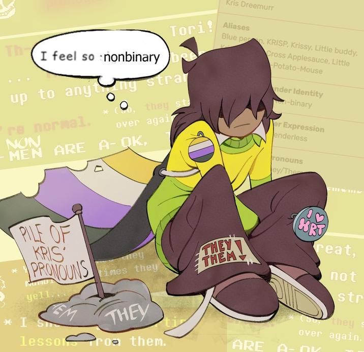 Kris "I Feel So Nonbinary" A post captioned, "New wave of Kris misgendering pissing me off so I made an infographic." The post shares art of Kris from Deltarune.