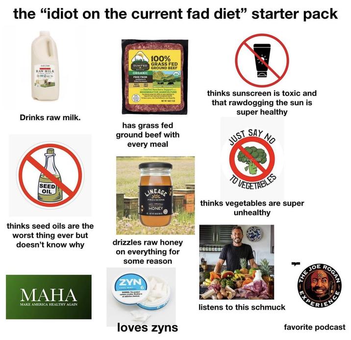 the "idiot on the current fad diet" starter pack SUNFED - RAW MILK ORGANIC FREE FROM 100% GRASS FED GROUND BEEF Drinks raw milk. SEED OIL LEAN FAT -SunFed Ranchers Support- REGENERATIVE AGRICULTURE NETW has grass fed ground beef with every meal LINEAGE PROVISIONS GOX ORGANIC HONEY thinks sunscreen is toxic and that rawdogging the sun is super healthy JUST SAY NO VEGETABLES thinks vegetables are super unhealthy thinks seed oils are the worst thing ever but doesn't know why drizzles raw honey on everything for some reason MAHA MAKE AMERICA HEALTHY AGAIN ZYN COOL MINT loves zyns listens to this schmuck THE JO ROGAN favorite podcast