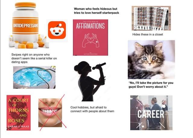 ANTIDEPRESSANT Woman who feels hideous but tries to love herself starterpack AFFIRMATIONS Swipes right on anyone who doesn't seem like a serial killer on dating apps Hides these in a closet "No, I'll take the picture for you guys! Don't worry about it." A COURT OF THORNS AND ROSES SARAH I MAAS Cool hobbies, but afraid to connect with people about them CAREER
