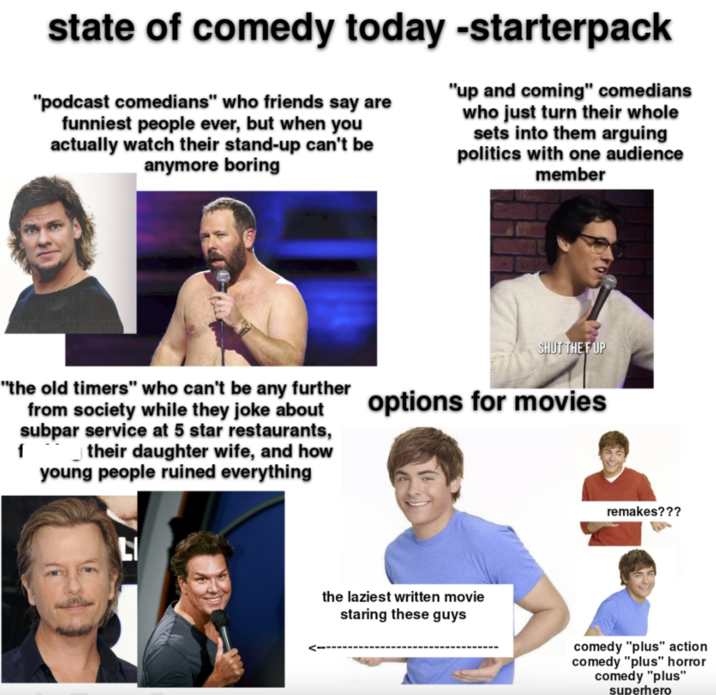 state of comedy today -starterpack "podcast comedians" who friends say are funniest people ever, but when you actually watch their stand-up can't be anymore boring "up and coming" comedians who just turn their whole sets into them arguing politics with one audience member "the old timers" who can't be any further from society while they joke about subpar service at 5 star restaurants, f ☐ their daughter wife, and how young people ruined everything SHUT THE FUP options for movies LI the laziest written movie staring these guys remakes??? comedy "plus" action comedy "plus" horror comedy "plus" superhero