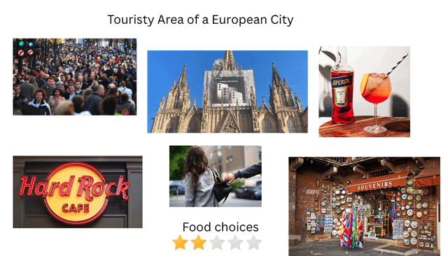 Touristy Area of a European City Hard Rock CAFE Food choices APEROL UVENIRS