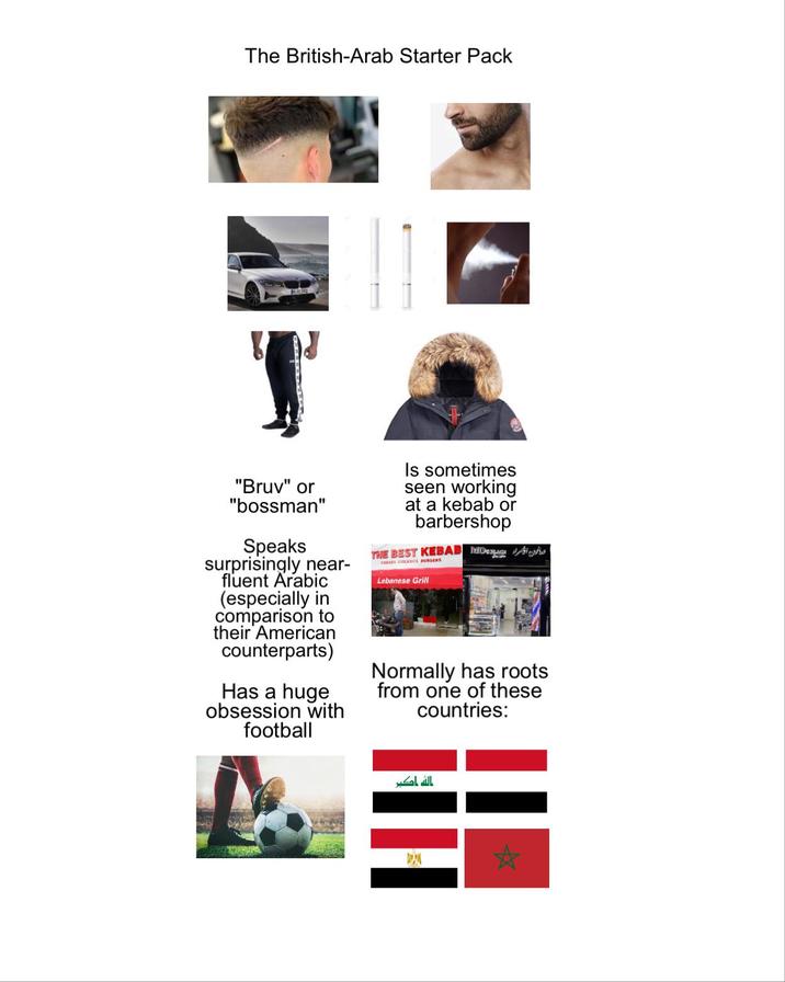 The British-Arab Starter Pack "Bruv" or "bossman" Speaks surprisingly near- fluent Arabic (especially in comparison to their American counterparts) Has a huge obsession with football Is sometimes seen working at a kebab or barbershop THE BEST KEBAB Mo MARS ECKENS BURGERS Lebanese Grill Normally has roots from one of these countries: الله اكبر