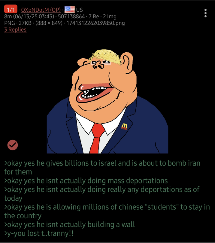 1/1 QXpNDotM (OP) US 8m (06/13/25 03:43) 507138864. 7 Re 2 Img PNG. 27KB (888 × 849) · 1741312262039850.png 3 Replies >okay yes he gives billions to israel and is about to bomb iran for them >okay yes he isnt actually doing mass deportations >okay yes he isnt actually doing really any deportations as of today >okay yes he is allowing millions of chinese "students" to stay in the country >okay yes he isnt actually building a wall >y-you lost t..t-----!!