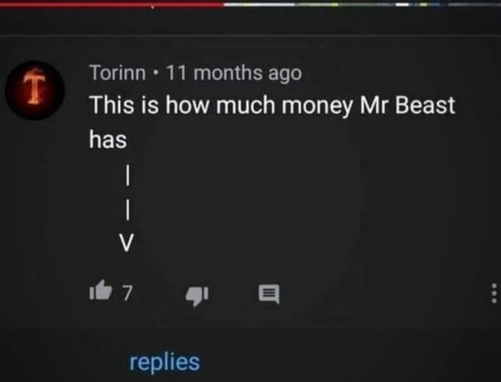 T Torinn • 11 months ago This is how much money Mr Beast has | | V 7 目 replies