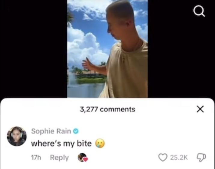 An alleged "TikTok":https://knowyourmeme.com/memes/sites/tiktok comment posted by model "Sophie Rain":https://knowyourmeme.com/memes/people/sophie-rain on a Jshock video in June 2025.