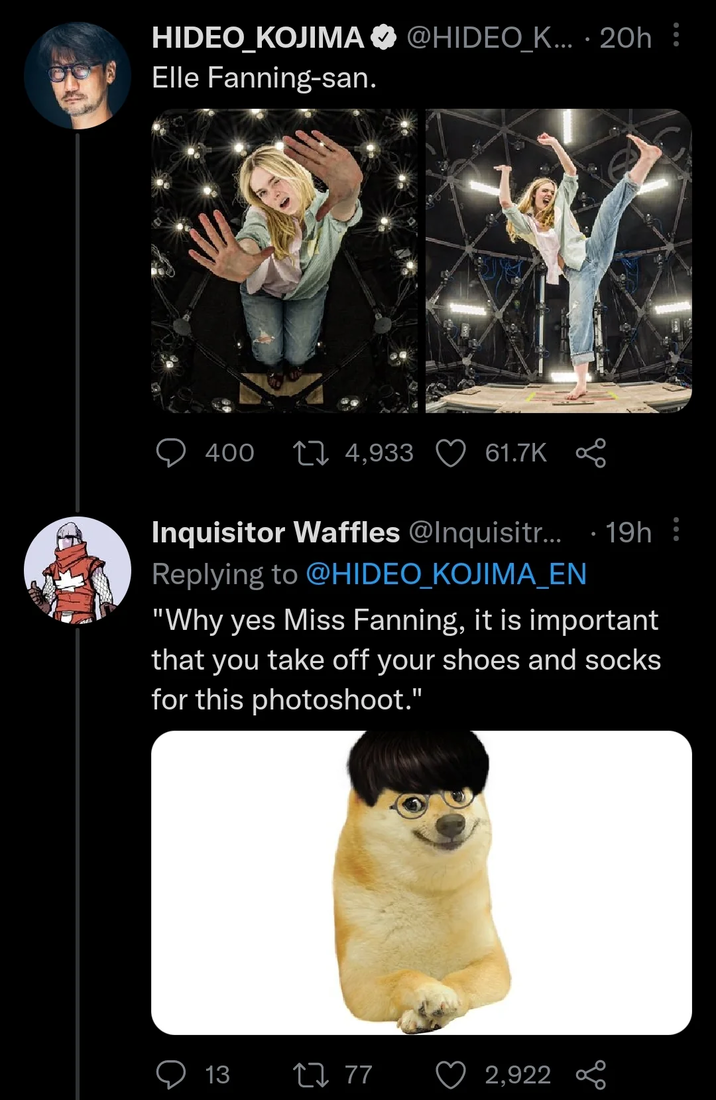 Kojima Scans Elle Fanning's Feet A tweet joking about Hideo Kojima talking Elle Fanning into getting her feet scanned. The comment was made on one of Kojima's X posts.