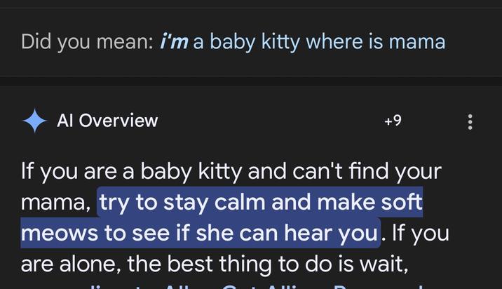Did you mean: i'm a baby kitty where is mama Al Overview +9 If you are a baby kitty and can't find your mama, try to stay calm and make soft meows to see if she can hear you. If you are alone, the best thing to do is wait,