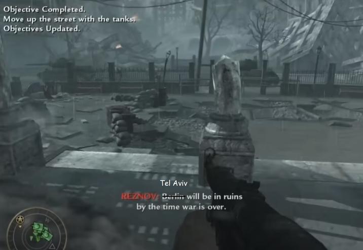 Objective Completed. Move up the street with the tanks, Objectives Updated. Tel Aviv REZNOV Berlin will be in ruins by the time war is over.