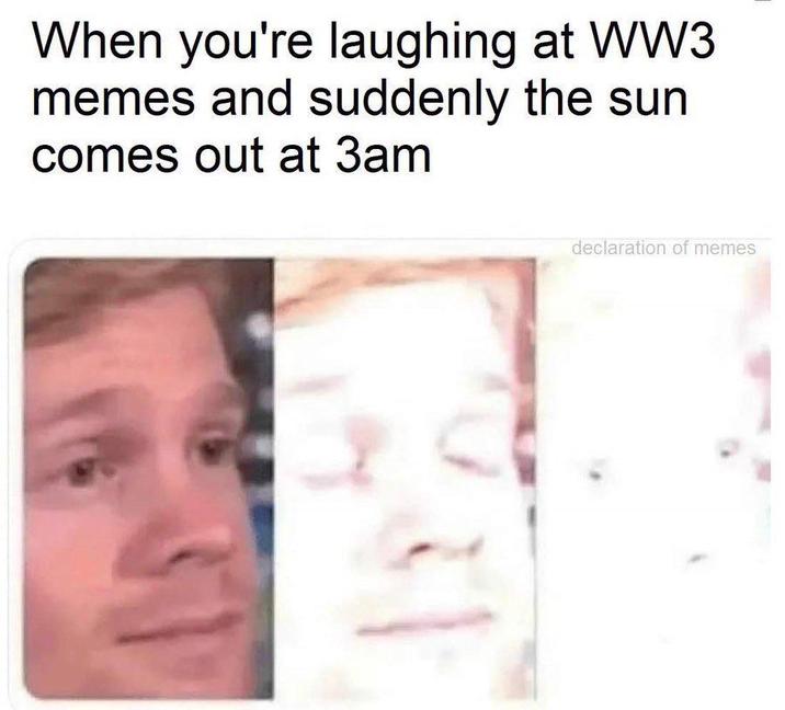 When you're laughing at WW3 memes and suddenly the sun comes out at 3am declaration of memes