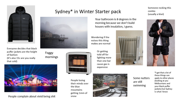 Everyone decides that black puffer jackets are the height of fashion (It's also 15c are you really that cold) Sydney* in Winter Starter pack Your bathroom is 8 degrees in the morning because we don't build houses with insulation, I guess. Someone rocking this combo (usually a kiwi) super Foggy mornings People losing their minds over the blue mountains getting 1mm of People complain about vivid being s--- snow Wondering if the noises this thing makes are normal Or getting told off for lighting more than one bar cause gas is expensive Some nutters are still swimming *I get that a lot of these things can apply to other places (looking at you Melburnians and your black puffer jackets) but Sydney is what I know