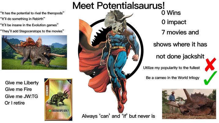 "It has the potential to rival the theropods" "It'll do something in Rebirth" "It'll be insane in the Evolution games" "They'll add Stegoceratops to the movies" Meet Potentialsaurus! 0 Wins 0 impact 7 movies and shows where it has not done jackshit Utilize my popularity to the fullest Be a cameo in the World trilogy Give me Liberty Give me Fire Give me JW:TG Or I retire LEGENDARY TRICERATOPS GEN 2 Always 'can' and 'if' but never is