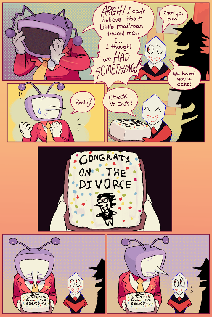 321011a 31. NO ARGH! I can't believe that Little mailman tricked me.. I.. I thought we HAD SOMETHING! cheer up, boss!" We baked you a cake! ...Really? check it out! INO . CONGRATS ON THE" DIVORCE วง 321011d 317 NO 00