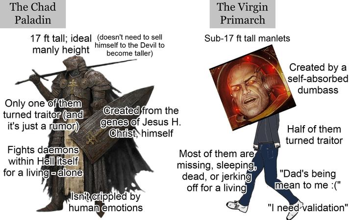 The Chad Paladin 17 ft tall; ideal manly height (doesn't need to sell himself to the Devil to become taller) The Virgin Primarch Sub-17 ft tall manlets Created by a self-absorbed dumbass Only one of them turned traitor (and it's just a rumor) Fights daemons within Hell itself for a living-alone Created from the genes of Jesus H. Christ, himself Isn't crippled by human emotions Most of them are missing, sleeping, dead, or jerking off for a living Half of them turned traitor "Dad's being mean to me :(" "I need validation"