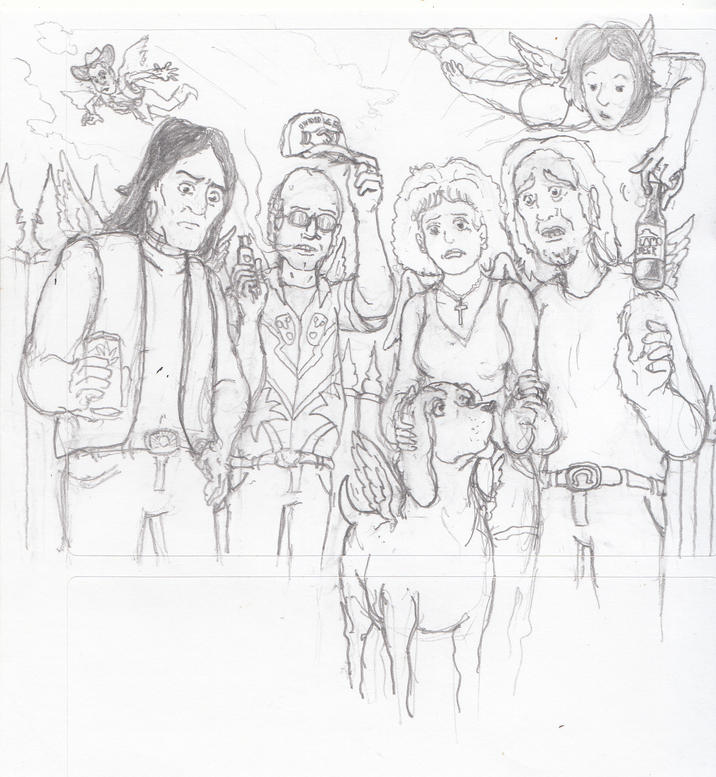 IN ORDER AND MEMORIAM

JOHN REDCORN
Jonathan Joss
12/22/1965 - 6/1/2025

also:
Victor Aaron Ramirez
9/11/1956 - 9/4/1996
 

DALE GRIBBLE
John Michael Hardwick
12/31/1958 - c. 8/8/2023
 

LUANNE PLATTER-KLEINSCHMIDT
Brittany Anne Murphy-Monjack
11/10/1977 - 12/20/2009
 

ELROY "LUCKY" KLEINSCHMIDT
Thomas Earl Petty
10/20/1950 - 10/2/2017

 
WHY IS THIS HERE?
Someone asked the world for it, specifically an IvvyDivvy on the forums, and given that I liked this show when I watched it many years ago, I saw fit to make something in response. So, because I am a lurking drifter who cannot and will not learn to embed images into forum threads, here it is with its own entry.
 
YOU DREW THIS?
Yes. Hand-drawn, mechanical pencil. This is not AI slop. 
 
WHY IS IT UNFINISHED?
Got other things to do. Anyone who wants to can take it from here as they wish.
 
WHY THE WINGS?
Canonically to King of the Hill, angels have tiny wings. Exhibit: Buckley. I will not debate this, as I have not watched this show in over ten years.
--
WHY THE FENCE?
They're in an alley like the one in Arlen. It's like that big picket fence, but it's in heaven, so it's supposed to be ornate as per the gilded, gated American vision of heaven.
 
WHO ARE THOSE OTHERS?
Bug Gribble is Dale's father, who is here in case he happened to pass in the interim (David Herman is alive BTW) and is surprised either to see his son in heaven or the very cool friend he has with him.

Mark Buckley is still an angel, that don't mean he ain't still a bum.

Lady Bird was already the oldest and wisest of all the dogs back in the mid-2000s, I would be concerned if she somehow came back for the revival after nigh-20 years.
 
WHY THEY SAD??
They're watching over their loved ones...in Texas. Why wouldn't they worry? Luanne and Elroy have a daughter down there, John Redcorn only sees the country trading out love for hate and its government once again erasing his people's legacy, and all of Dale's wildest fantasies came true in ways he wasn't expecting.

Watching over or out for others isn't meant to be easy, or else you're not paying attention.

Safe travels, and may the revival do right by those who waited on it.
 