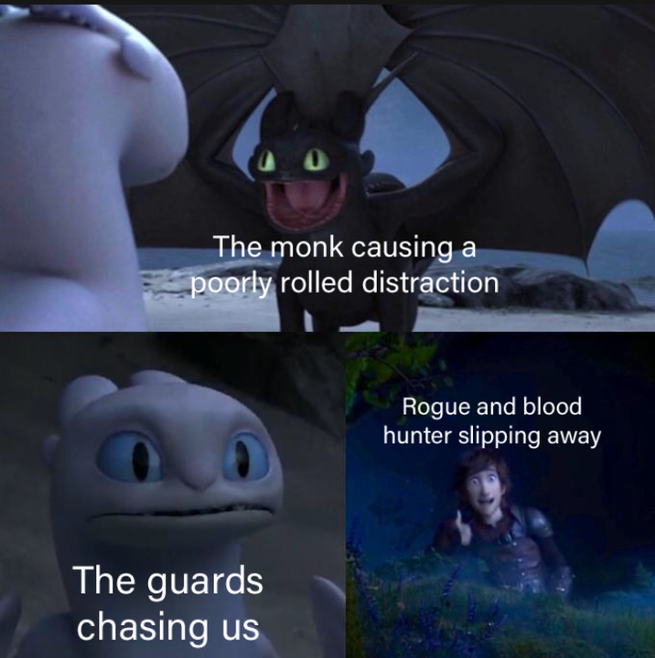 The monk causing a poorly rolled distraction O The guards chasing us Rogue and blood hunter slipping away