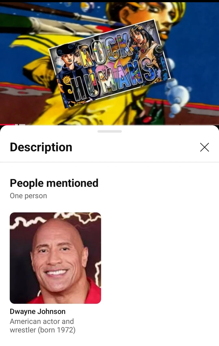 HUMANS Description People mentioned One person Х Dwayne Johnson American actor and wrestler (born 1972)
