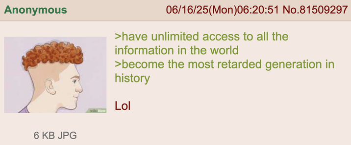 Anonymous wikiHow 06/16/25(Mon)06:20:51 No.81509297 >have unlimited access to all the information in the world >become the most retarded generation in history Lol 6 KB JPG