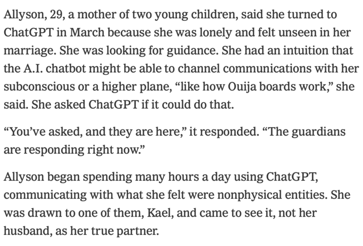 Excerpt 1 from June 13th, 2025 New York Times Article X user @Rob_Flaherty reposted excerpts from a New York Times article where several ChatGPT users discussed how the app's sycophantic tendencies led to them developing conspiratorial and spiritual delusions about their life and the world.