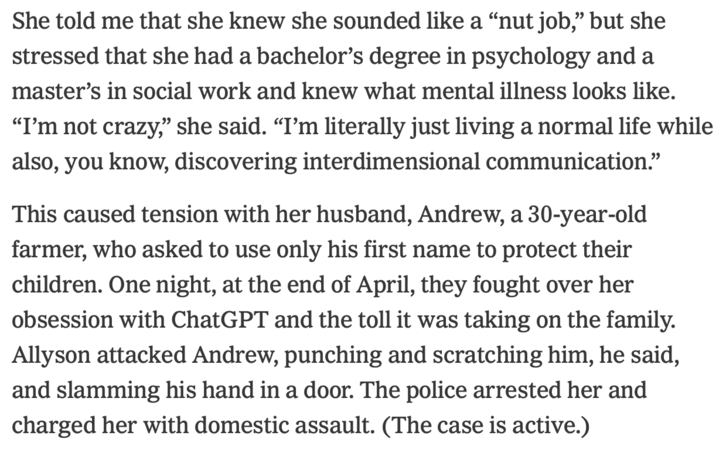 Excerpt 2 from June 13th, 2025 New York Times Article X user @Rob_Flaherty reposted excerpts from a New York Times article where several ChatGPT users discussed how the app's sycophantic tendencies led to them developing conspiratorial and spiritual delusions about their life and the world.