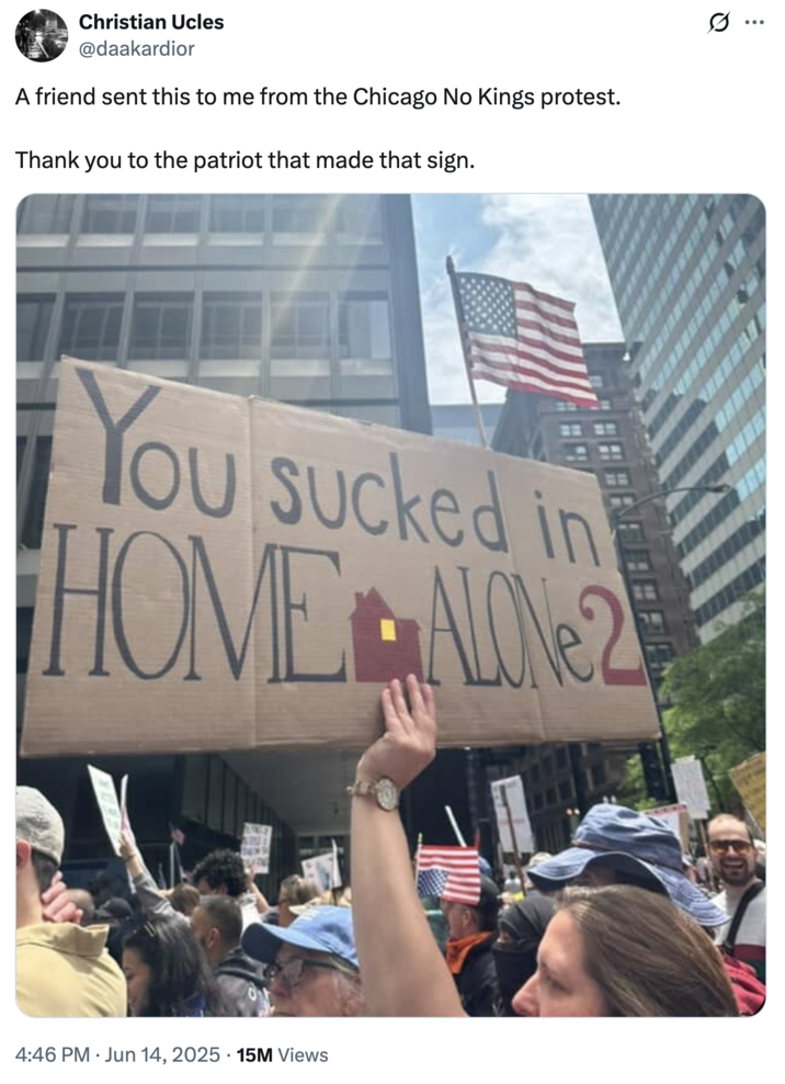 A photo of a sign at a No Kings protest in Chicago that reads, "You sucked in "_Home Alone 2_":https://knowyourmeme.com/memes/digitally-replacing-trump-in-home-alone-2," referring to "U.S.":https://knowyourmeme.com/memes/cultures/united-states-of-america President "Donald Trump":https://knowyourmeme.com/memes/people/donald-trump.
