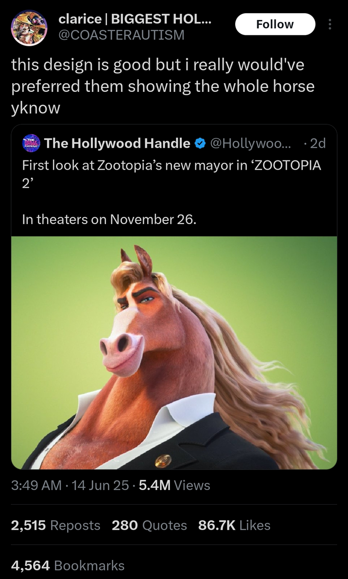 clarice | BIGGEST HOL... @COASTERAUTISM Follow this design is good but i really would've preferred them showing the whole horse yknow THE The Hollywood Handle @Hollywoo... .2d First look at Zootopia's new mayor in 'ZOOTOPIA 2' In theaters on November 26. 3:49 AM 14 Jun 25 - 5.4M Views • 2,515 Reposts 280 Quotes 86.7K Likes 4,564 Bookmarks