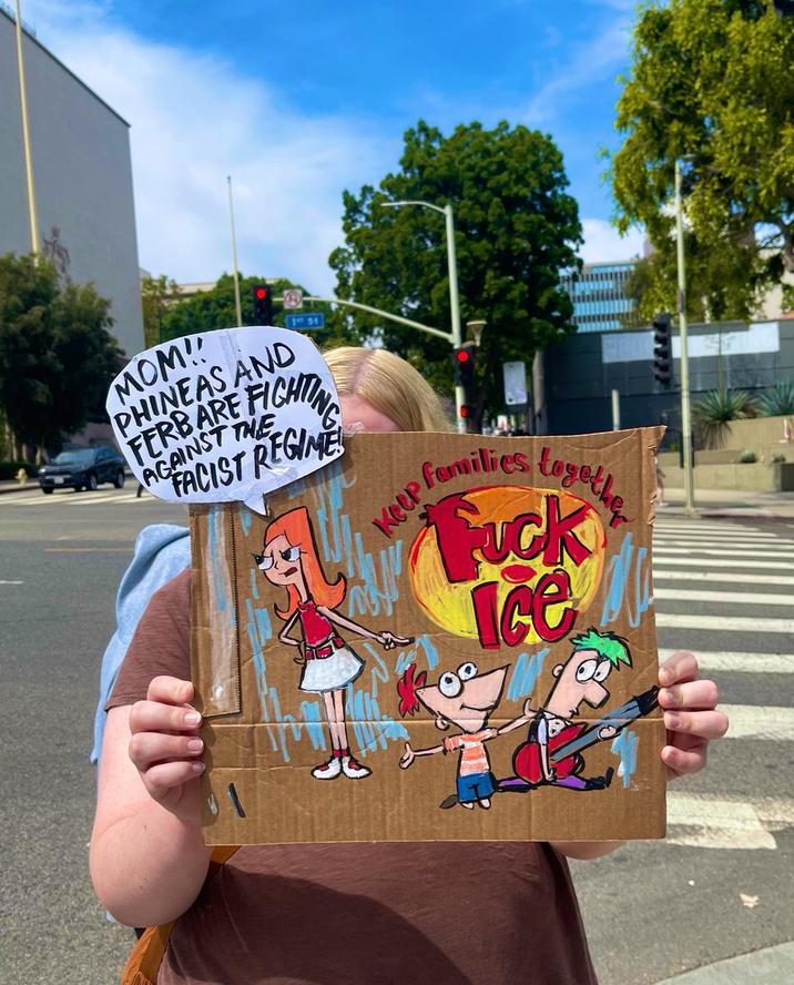 A "No Kings" protest sign using the characters from the "Disney":https://knowyourmeme.com/memes/subcultures/disney cartoon "_Phineas and Ferb_":https://knowyourmeme.com/memes/subcultures/phineas-and-ferb.