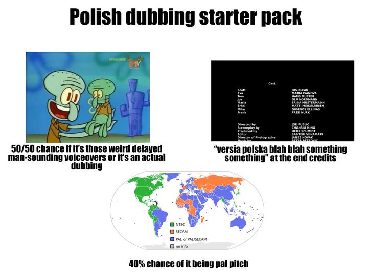 Polish dubbing starter pack SPONGEBOB b TV Scott Eva Tom Joe Maria Erkki Mike Frank Cast JOS BLEAU MARIA IVANOVA HANS MUSTER OLA NORDMANN ERIKA MUSTERMANN MATTI MEIKÄLÄINEN GIORGOS ELLINAS FRED NURK 50/50 chance if it's those weird delayed man-sounding voiceovers or it's an actual dubbing Directed by Screenplay by Produced by Editor Director of Photography Music by JOE PUBLIC CHANSIU MING HERR SCHMIDT SANTERI VIINAMÄKI JANEZ NOVAK PETAR PETROVIC "versia polska blah blah something something" at the end credits NTSC SECAM PAL or PAL/SECAM no info 40% chance of it being pal pitch