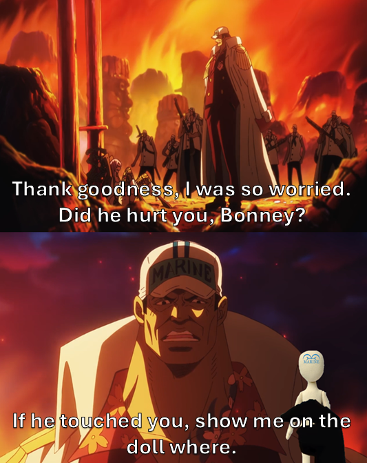 Thank goodness, I was so worried. Did he hurt you, Bonney? MARINE MARISE If he touched you, show me on the doll where.