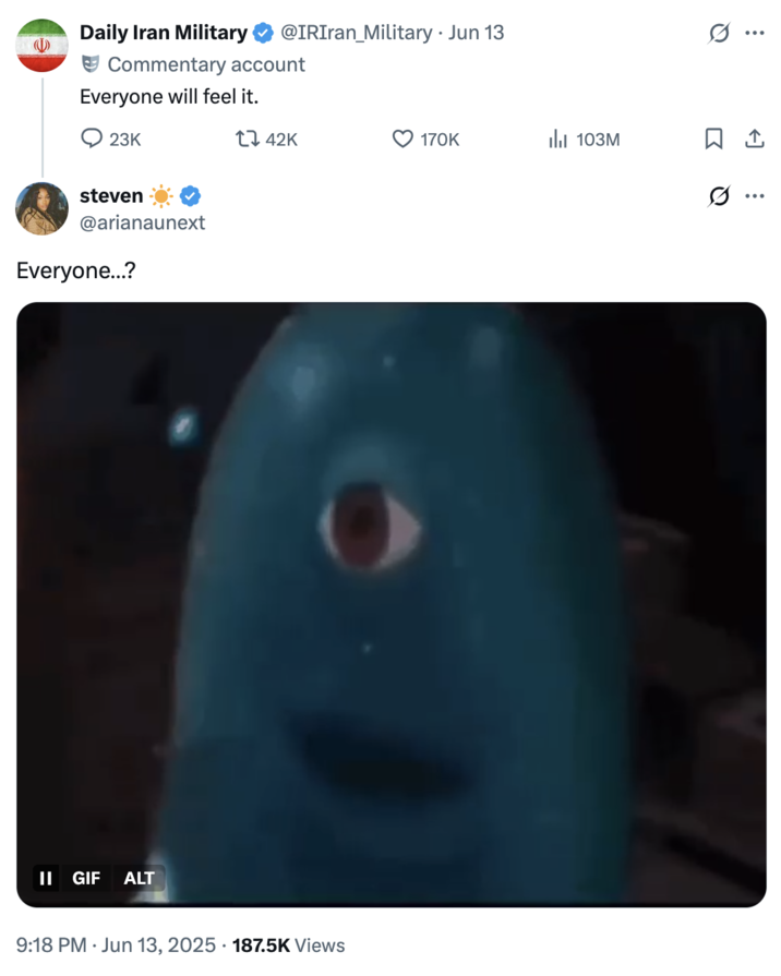 June 13th, 2025 tweet by @arianaunext X user @arianaunext posted a "Bob Staring":https://knowyourmeme.com/memes/bob-staring meme in response to a tweet by @IRIran_Military that read, "Everyone will feel it." Several internet users mistook the unofficial commentary account for an official Iranian source in June 2025.