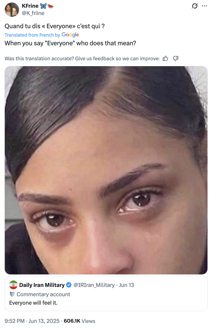 June 13th, 2025 tweet by @K_friine X user @K_friine tweeted a photo of a teary woman alongside a Spanish tweet that translates to, "When you say "Everyone" who does that mean?" The post gathered over 14,000 likes in four days. Several internet users posted tweets distancing themselves from the Israel-Iran war after seeing tweets from an unofficial Iran military commentary account.