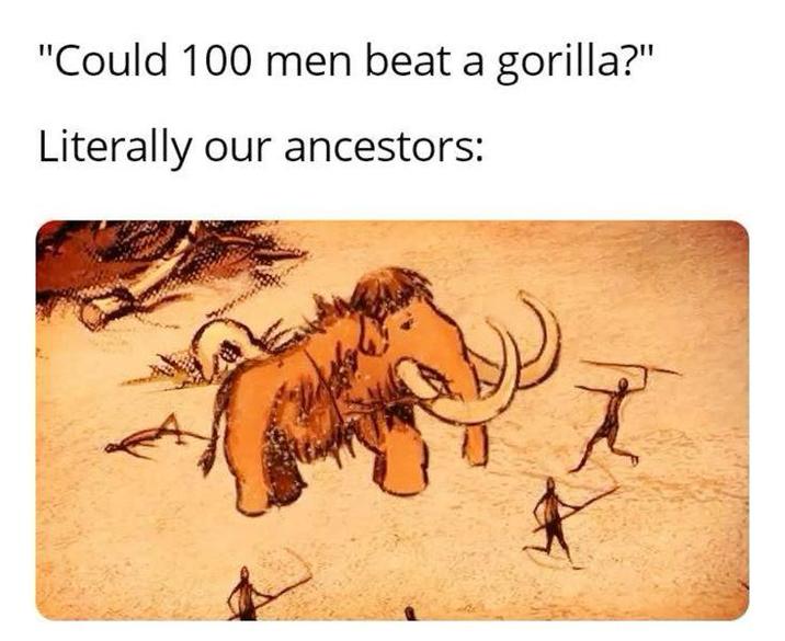 "Could 100 men beat a gorilla?" Literally our ancestors: