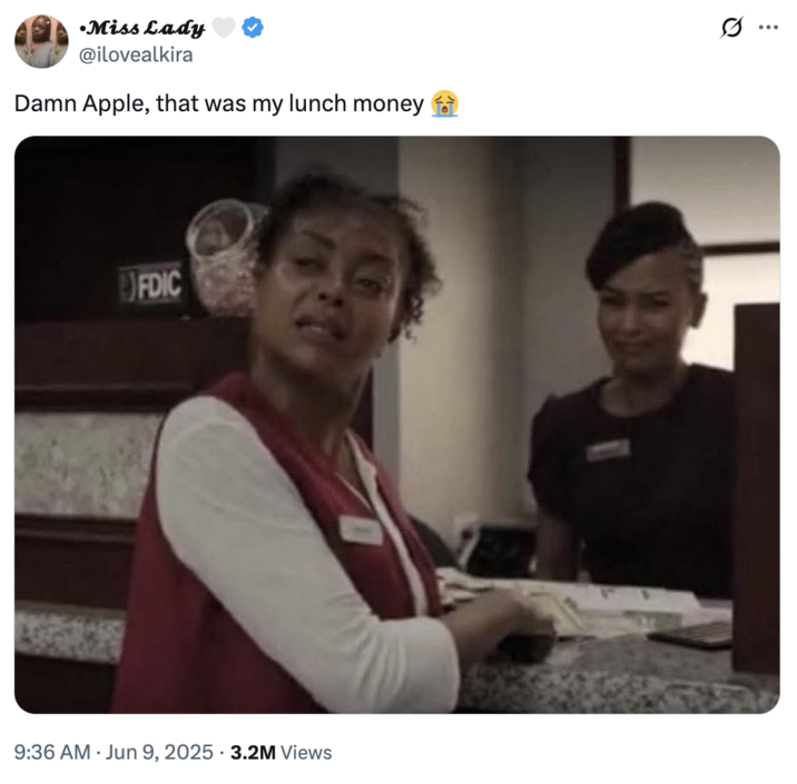 X user @ilovealkira posted a still from the film _Straw_ showing Taraji P. Henson as Janiyah Wiltkinson at the bank teller's counter, turning around and looking exasperated. The image came to be used as a reaction meme by people joking about down to their last straw. This post reads, "Damn Apple, that was my lunch money 😭"