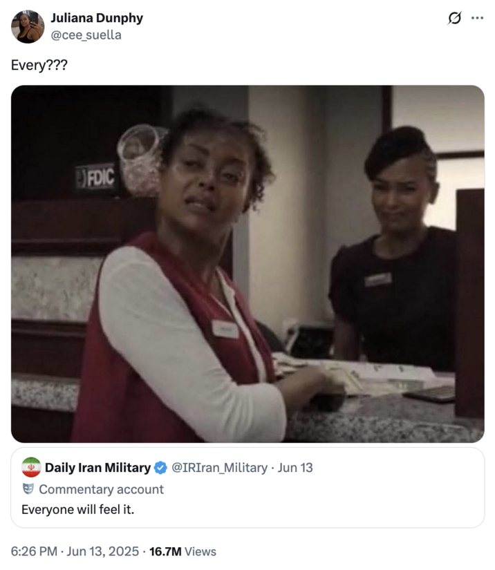 X user @cee_suella tweeted the image of Janiyah from _Straw_ in response to a post they believed to be shared by an Iranian X account. The post read, "Everyone will feel it," while @cee_suella tweet asked, "Every???"