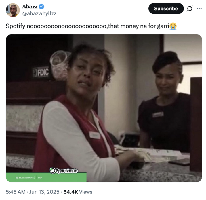 X user @abazwhyllzz tweeted an image of Janiyah turning around at the bank teller's counter in the movie _Straw_, writing, "Spotify noooooooooooooooooooooo, that money na for garri😭" 