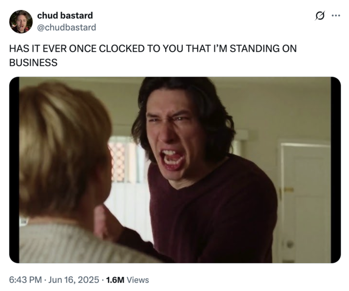 chud bastard @chudbastard HAS IT EVER ONCE CLOCKED TO YOU THAT I'M STANDING ON BUSINESS 6:43 PM ⚫ Jun 16, 2025 - 1.6M Views ...