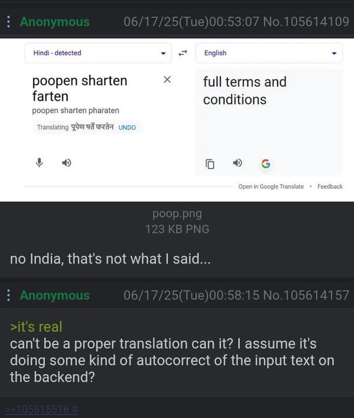 : Anonymous Hindi - detected 06/17/25(Tue)00:53:07 No.105614109 English poopen sharten farten poopen sharten pharaten Translating पूपेण पर्ते फरतेन UNDO full terms and conditions poop.png 123 KB PNG no India, that's not what I said... Anonymous G Open in Google Translate Feedback 06/17/25(Tue)00:58:15 No.105614157 >it's real can't be a proper translation can it? I assume it's doing some kind of autocorrect of the input text on the backend? >>105615516 #