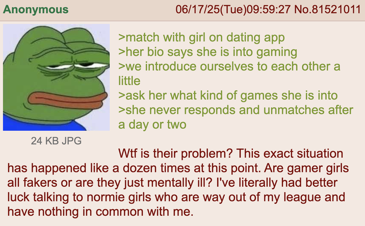 Anonymous 24 KB JPG 06/17/25(Tue)09:59:27 No.81521011 >match with girl on dating app >her bio says she is into gaming >we introduce ourselves to each other a little >ask her what kind of games she is into >she never responds and unmatches after a day or two W-- is their problem? This exact situation has happened like a dozen times at this point. Are gamer girls. all fakers or are they just mentally ill? I've literally had better luck talking to normie girls who are way out of my league and have nothing in common with me.