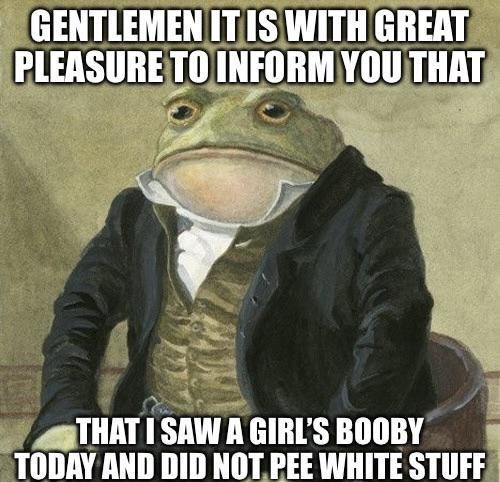GENTLEMEN IT IS WITH GREAT PLEASURE TO INFORM YOU THAT THAT I SAW A GIRL'S BOOBY TODAY AND DID NOT PEE WHITE STUFF
